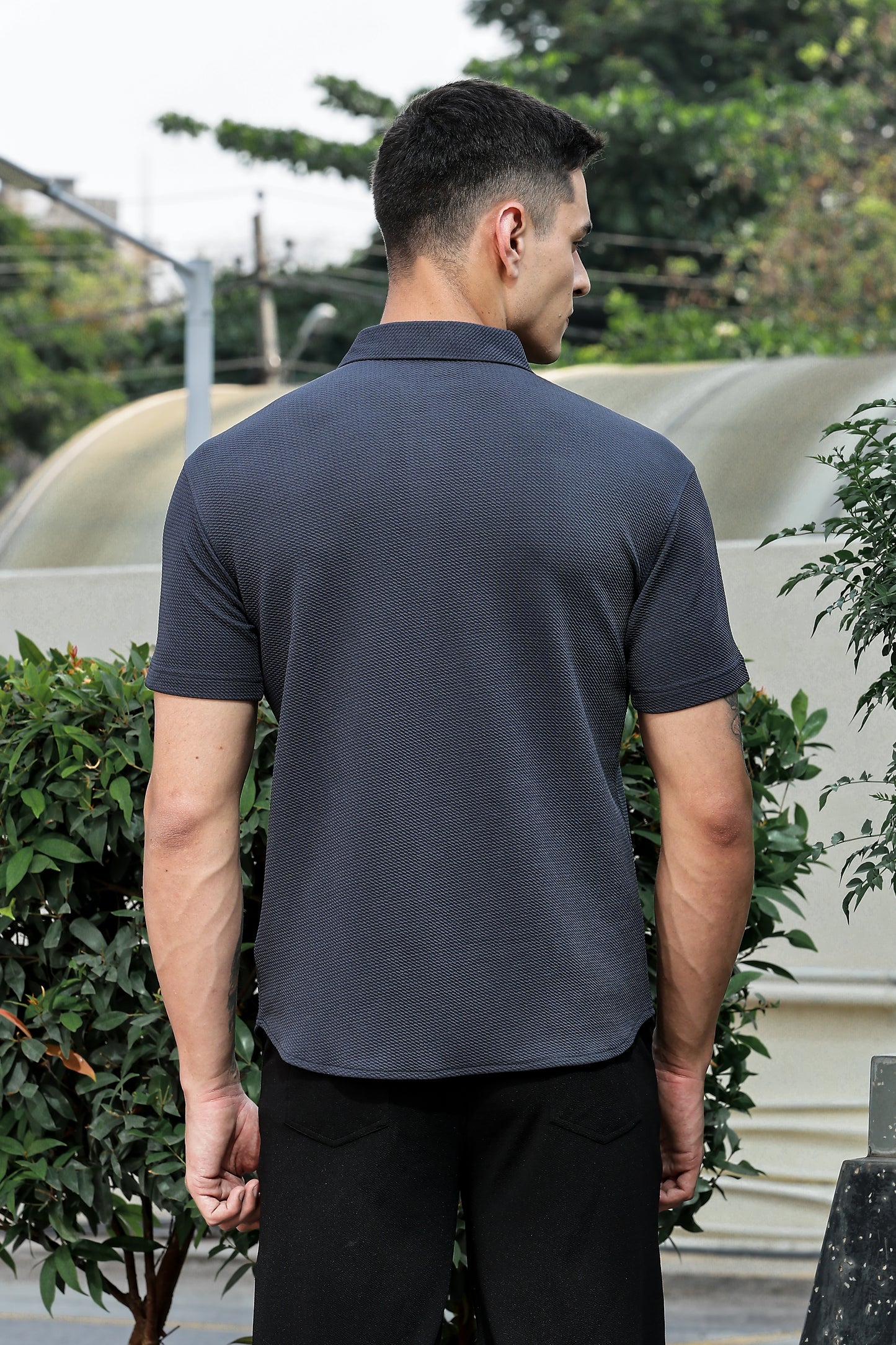 Men's Dark Grey Self Design Shirt With Collar
