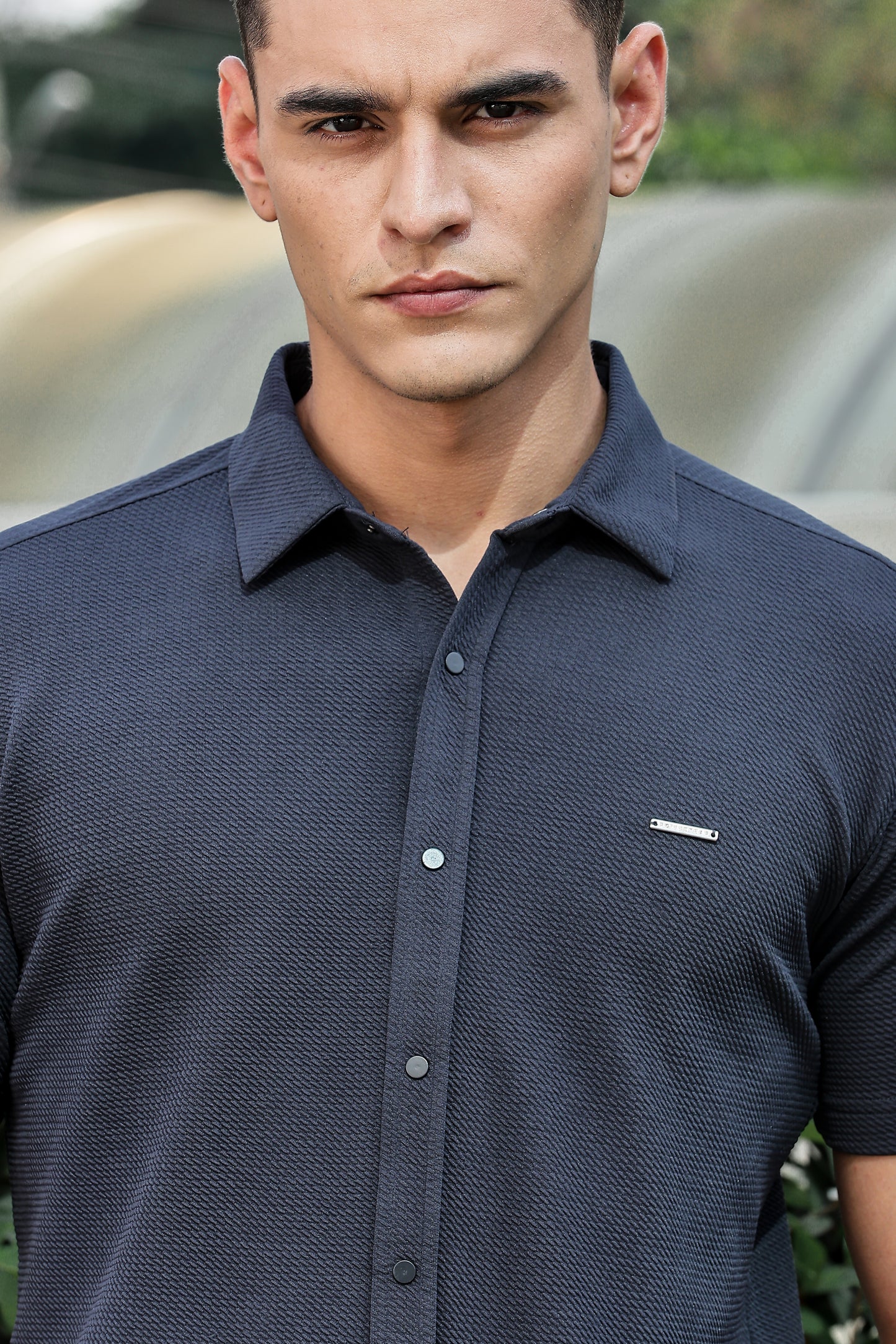 Men's Dark Grey Self Design Shirt With Collar