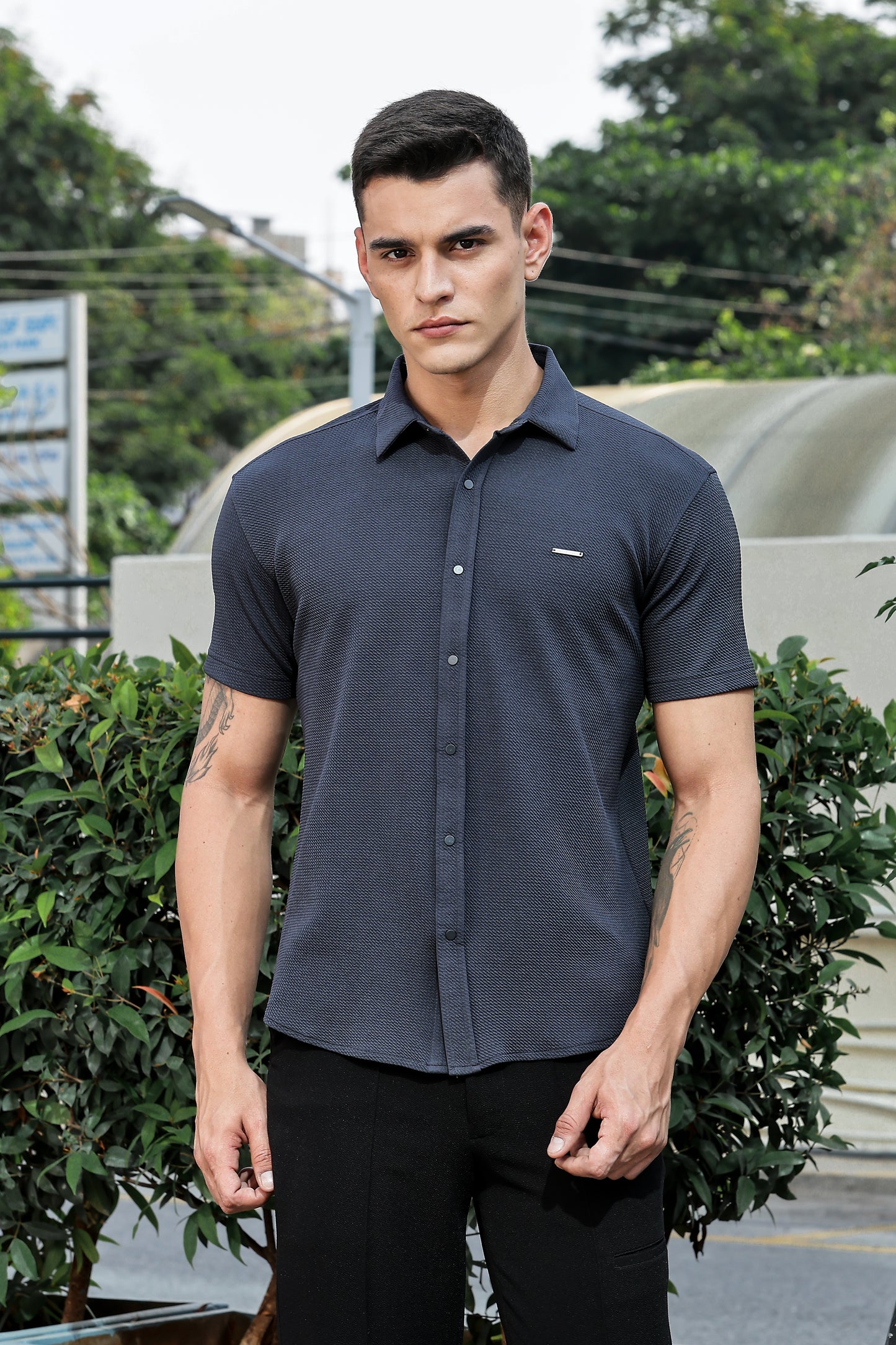 Men's Dark Grey Self Design Shirt With Collar