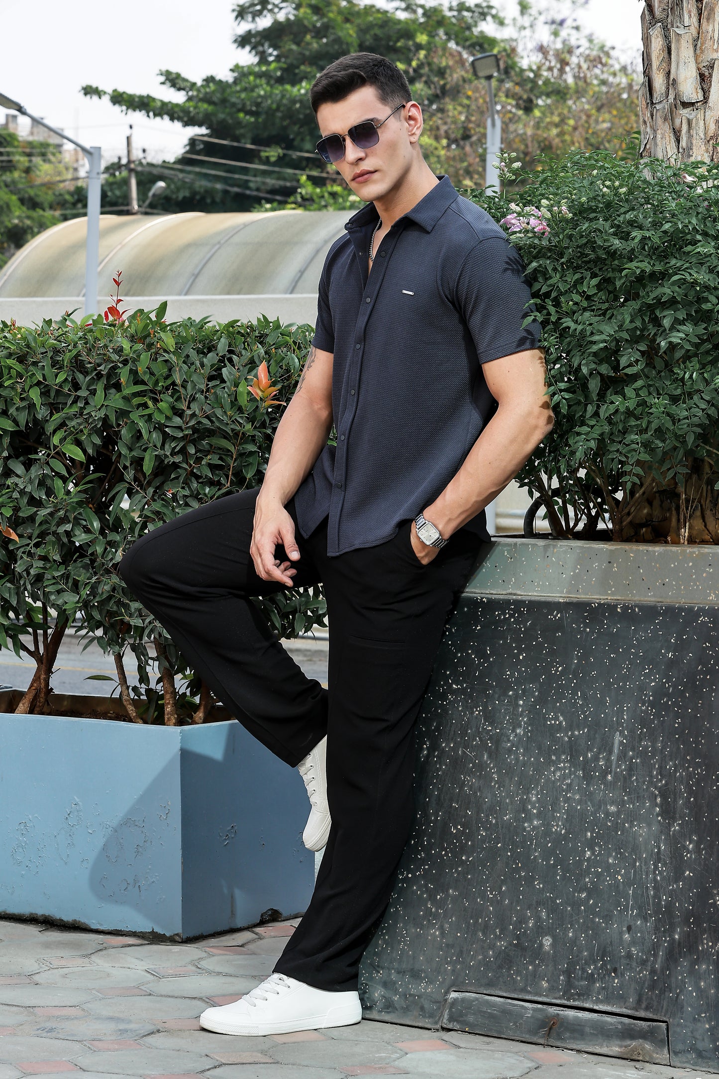Men's Dark Grey Self Design Shirt With Collar