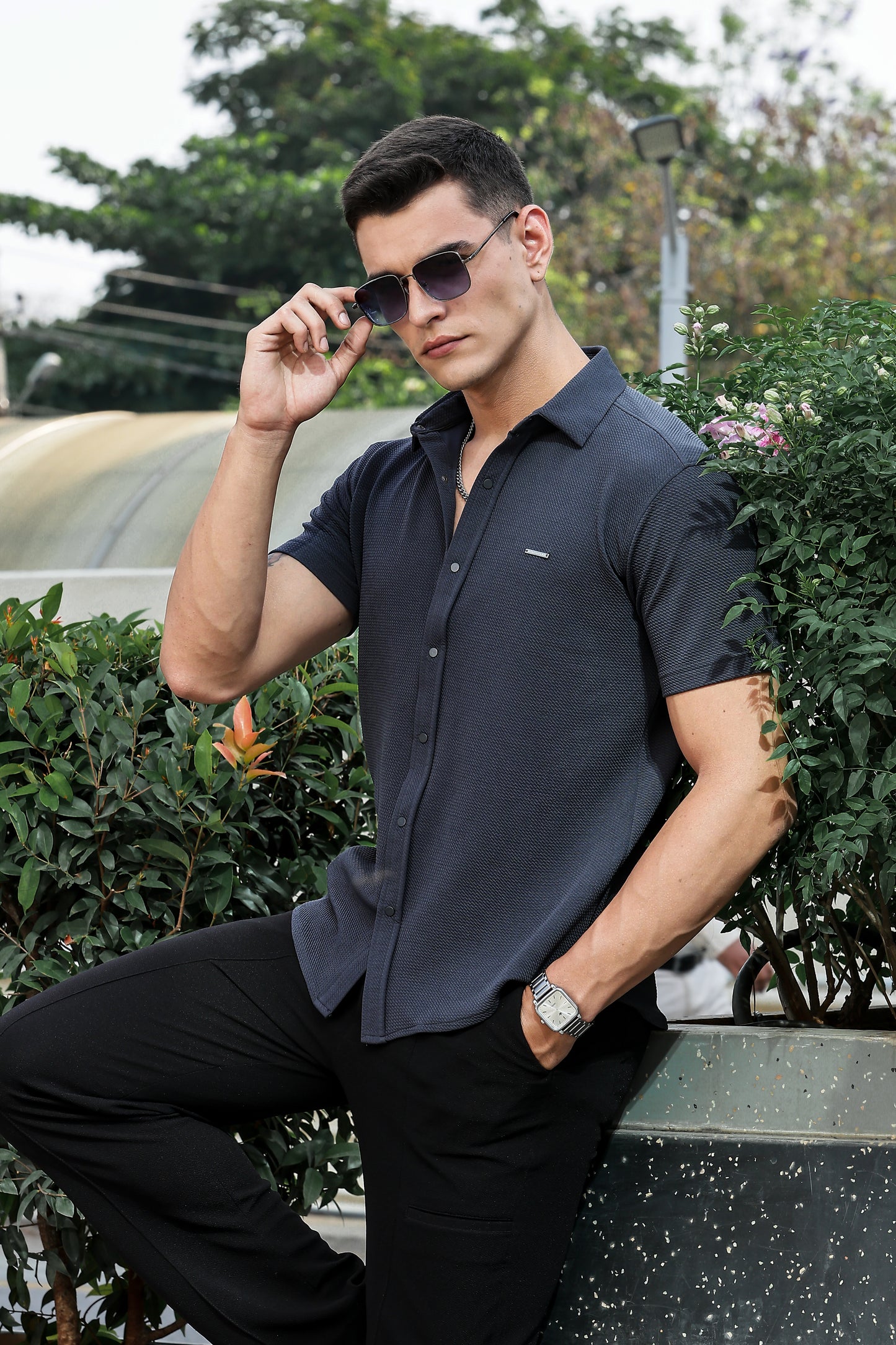 Men's Dark Grey Self Design Shirt With Collar