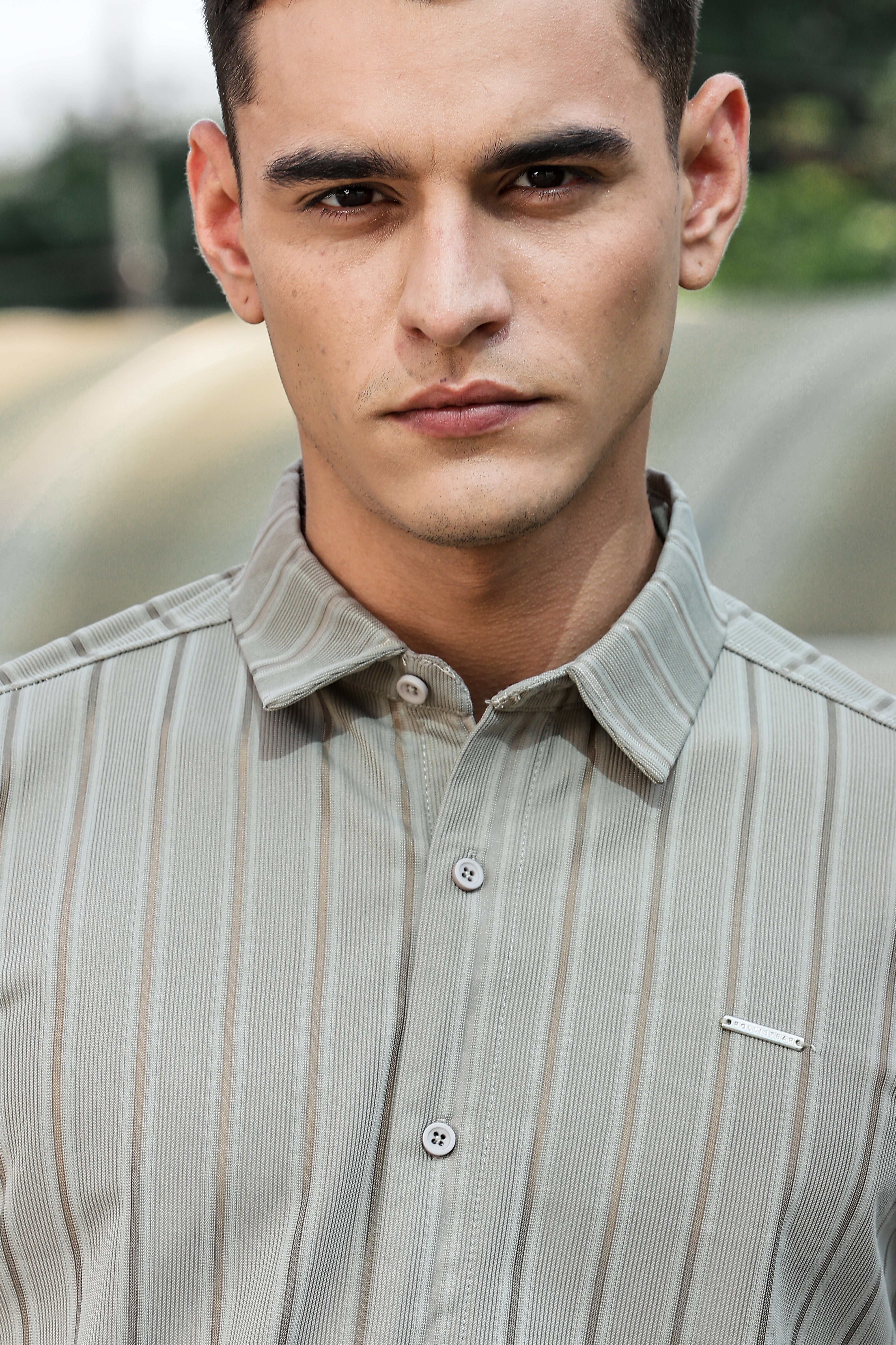 Men's Grey Self Design Shirt With Collar