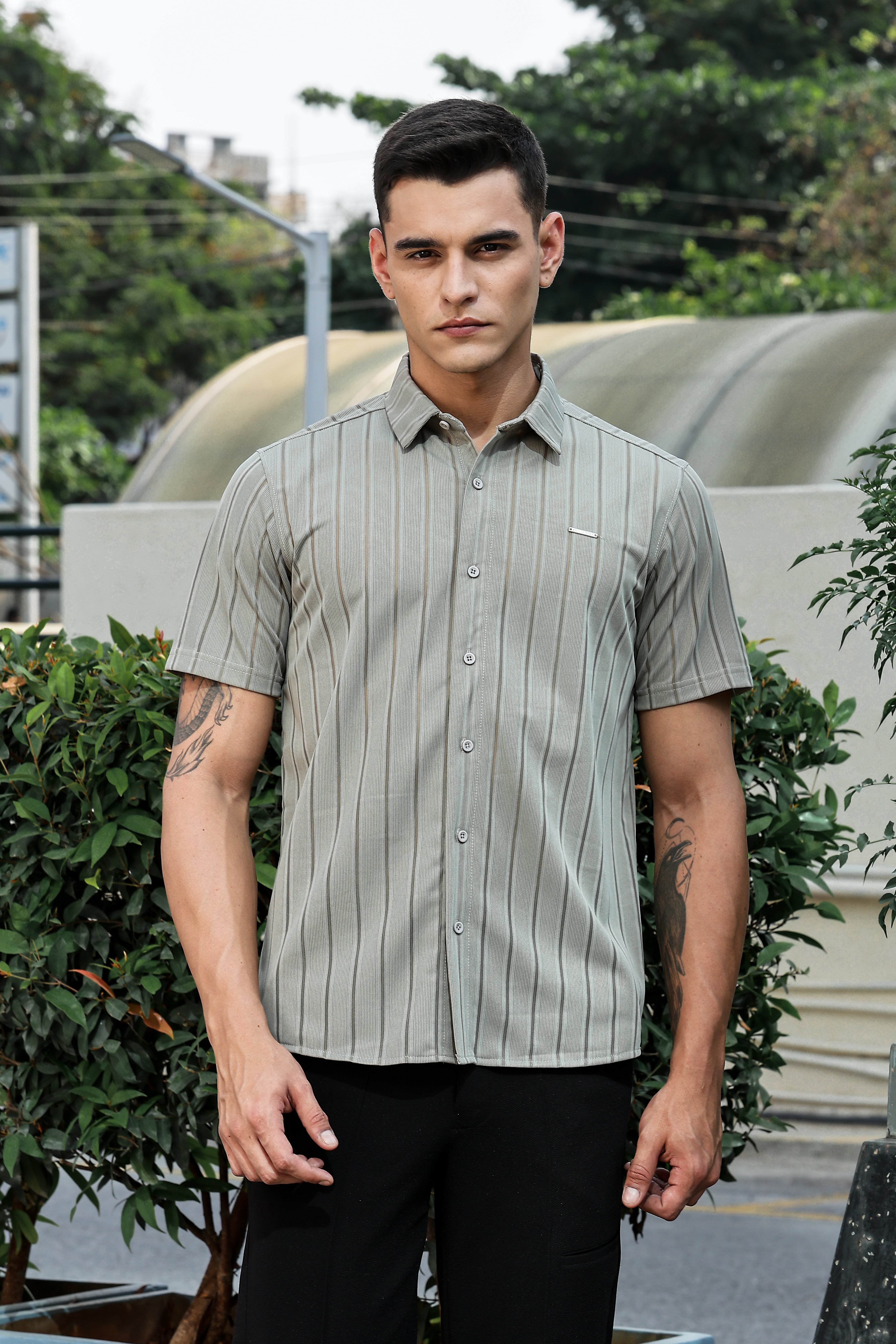 Men's Grey Self Design Shirt With Collar