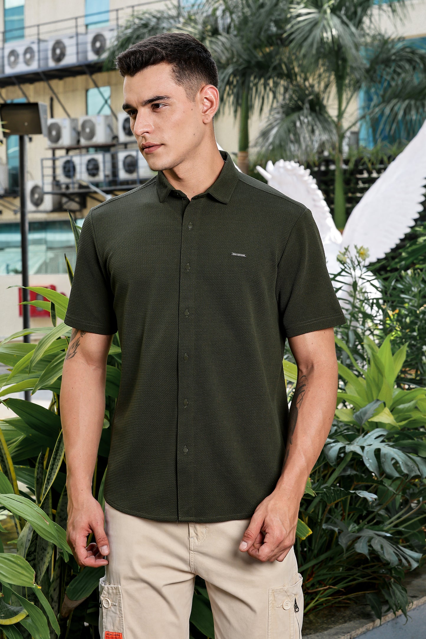 Men's Olive Self Design Shirt With Collar