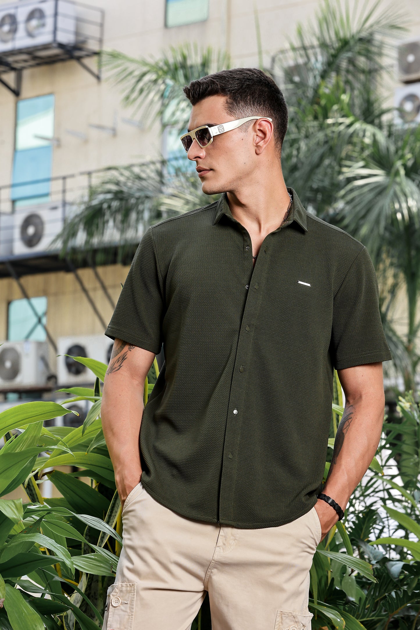 Men's Olive Self Design Shirt With Collar