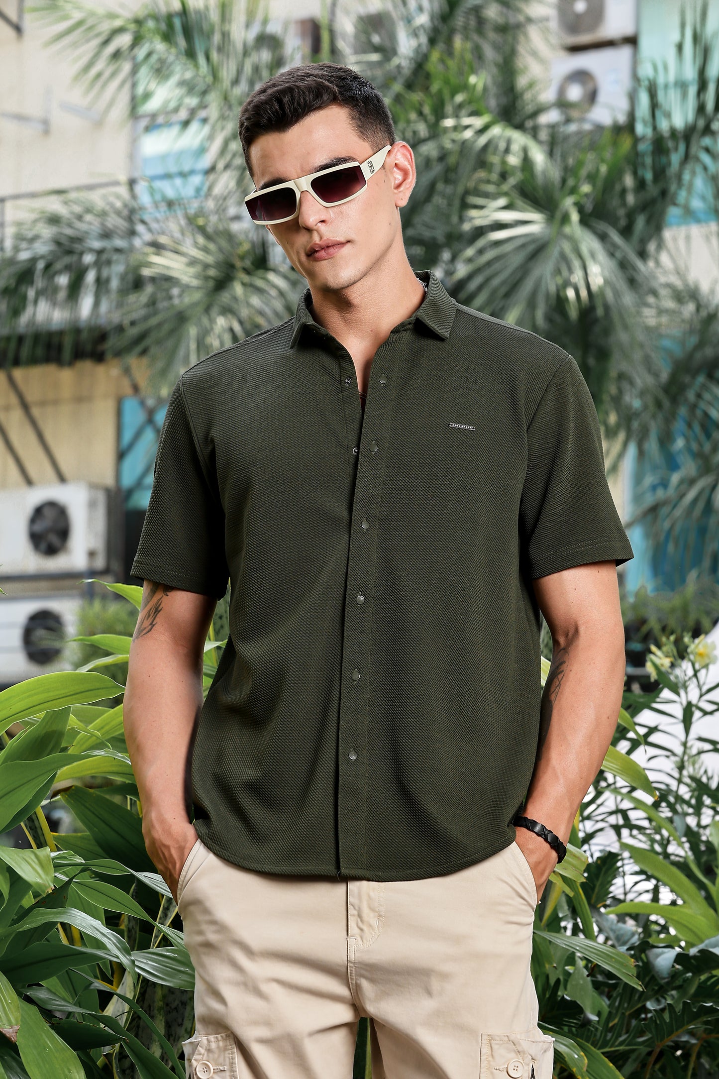 Men's Olive Self Design Shirt With Collar