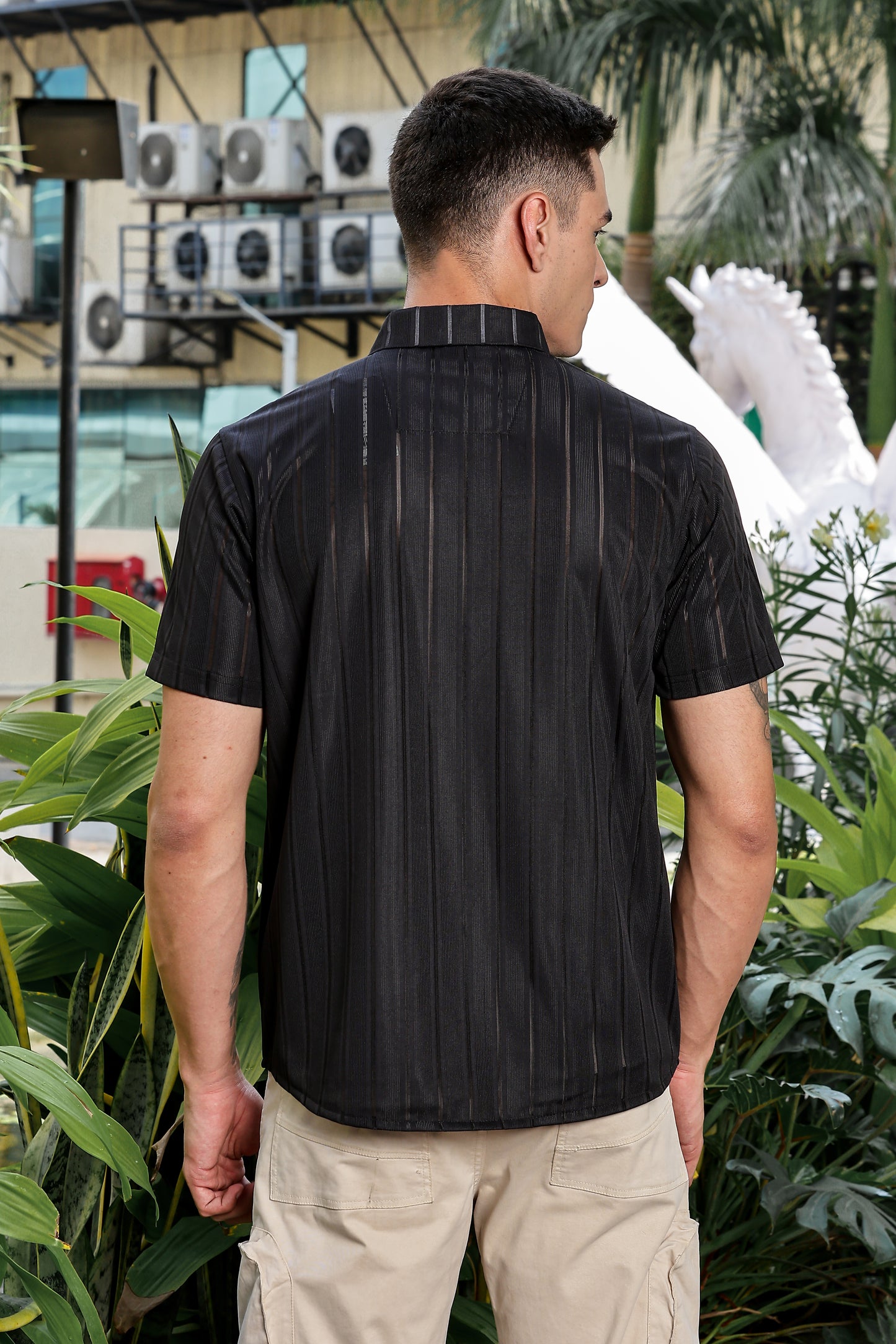 Men's Black Self Design Shirt With Collar