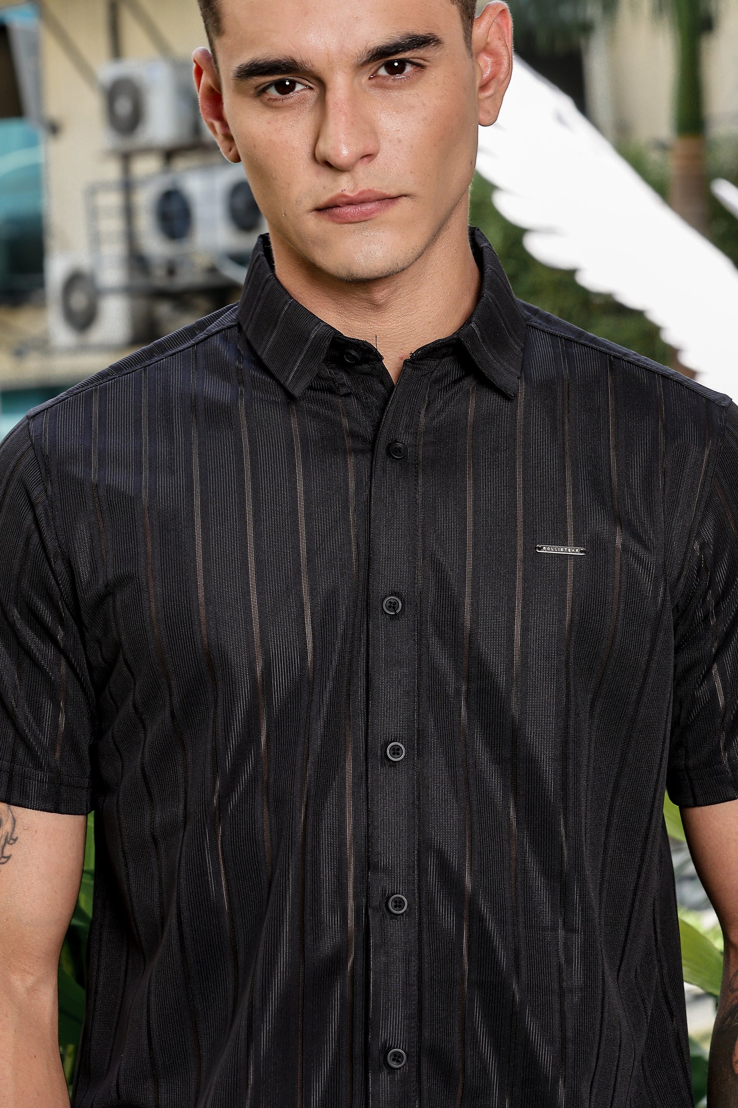 Men's Black Self Design Shirt With Collar