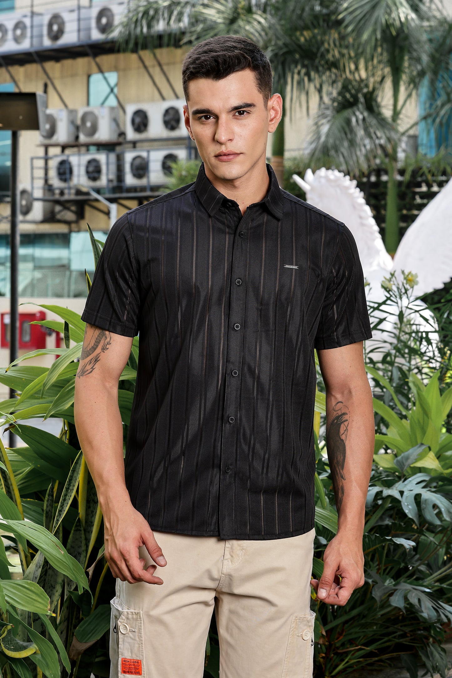 Men's Black Self Design Shirt With Collar