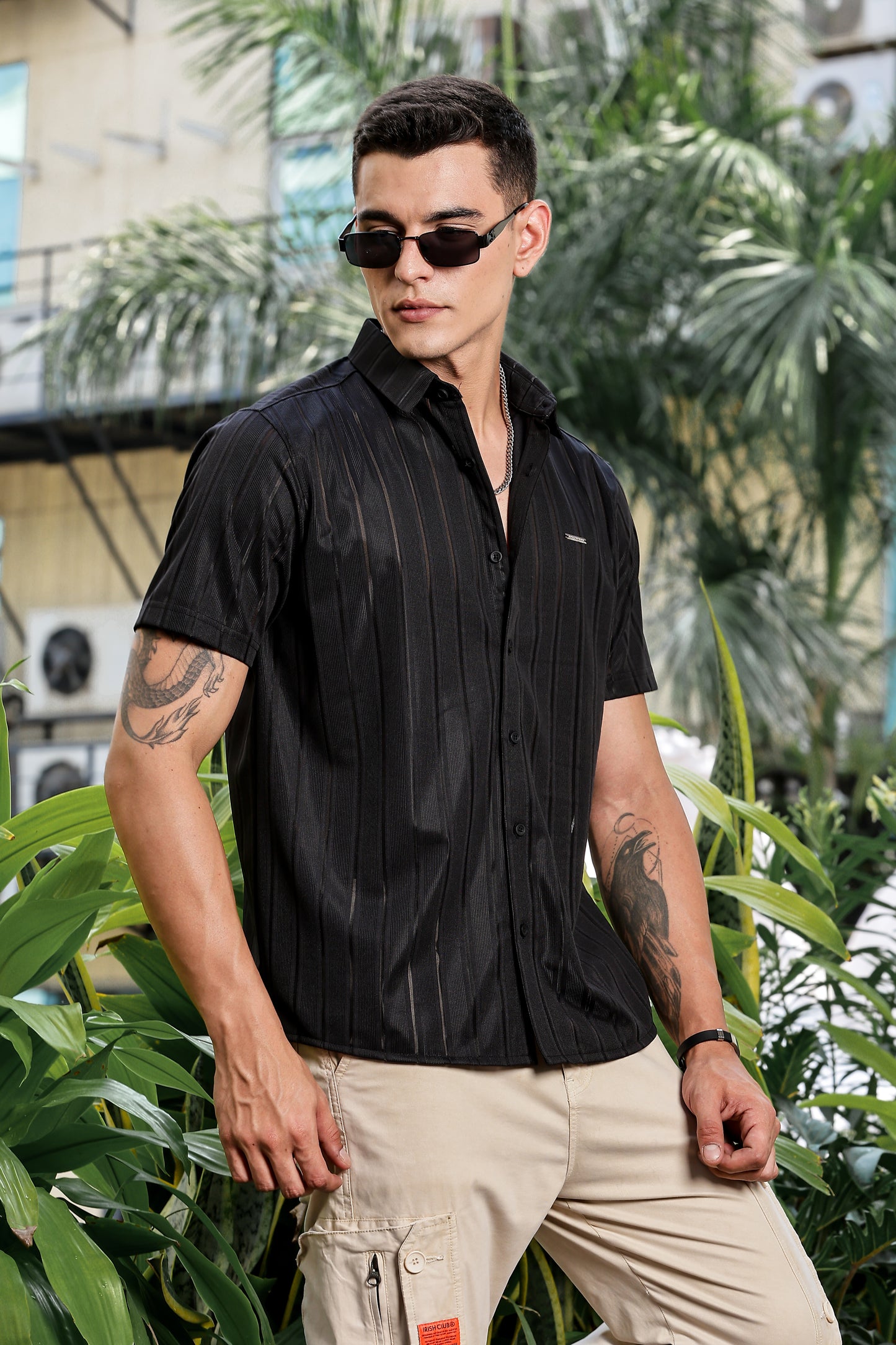 Men's Black Self Design Shirt With Collar