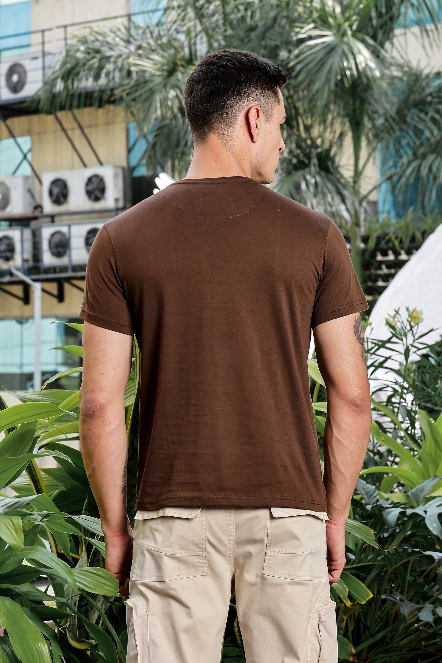 Men's Olive Self Design Round Neck T-Shirt