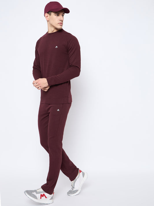 Men's Wine Self Design Round Neck Track Suit
