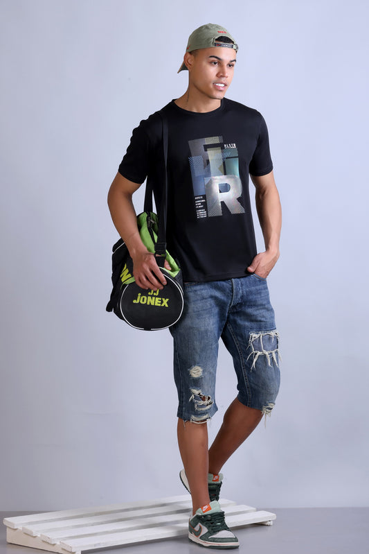 Men's Black Printed Round Neck Sweatshirt