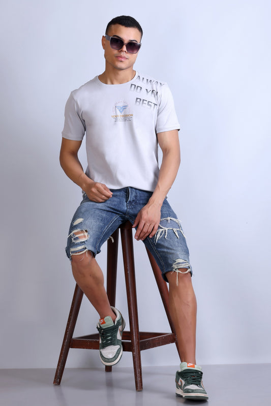 Men's White Printed Round Neck T-Shirt