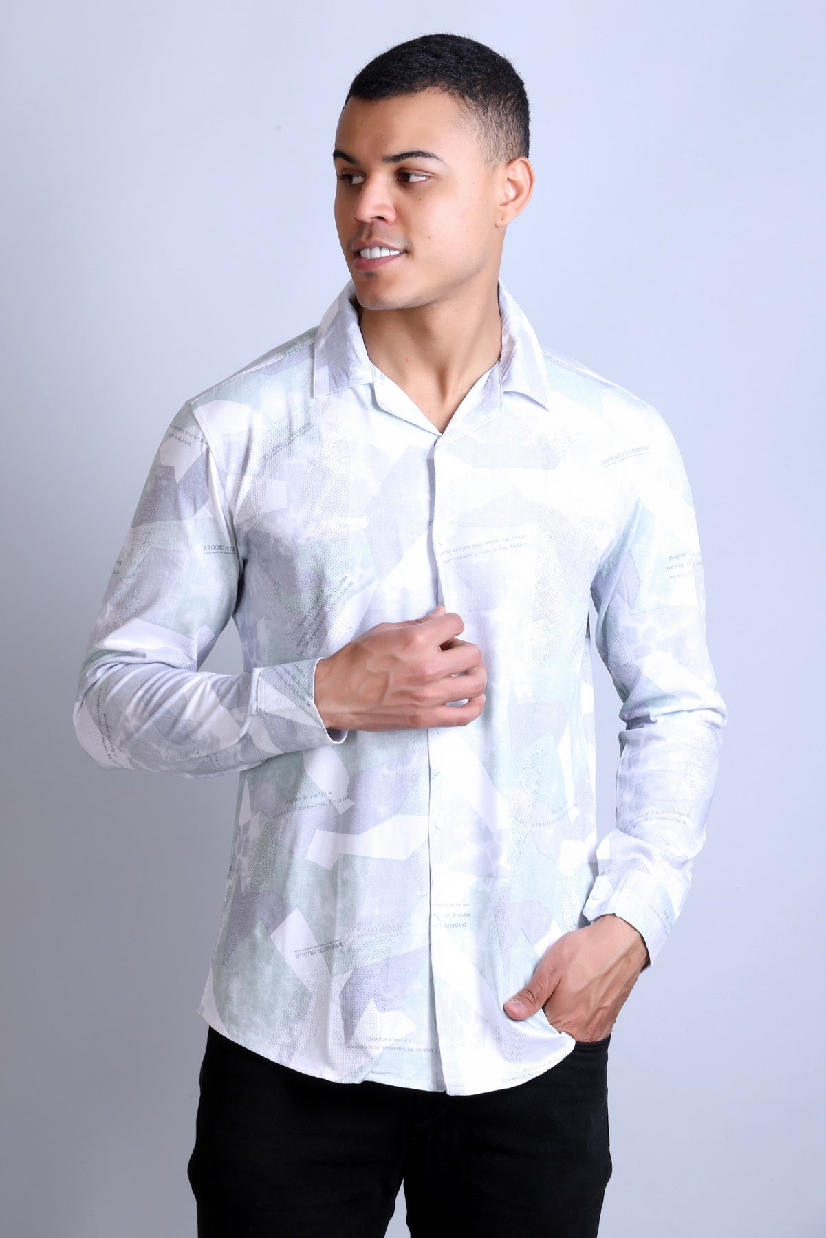 Men's  Mint White Printed Shirt