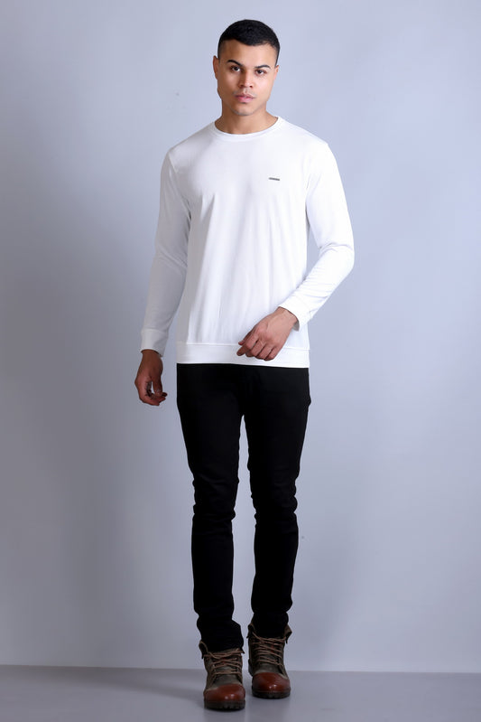 Men's White Solid Round Neck Sweatshirt