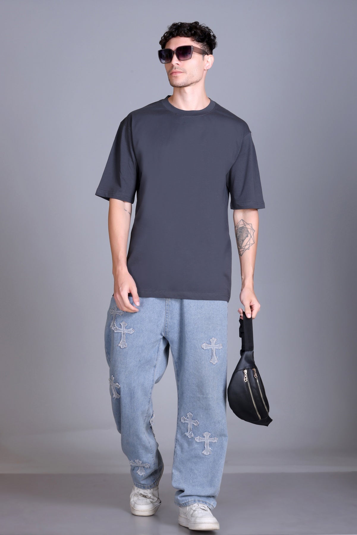 Men's Dark Grey Oversize Round Neck T-Shirt