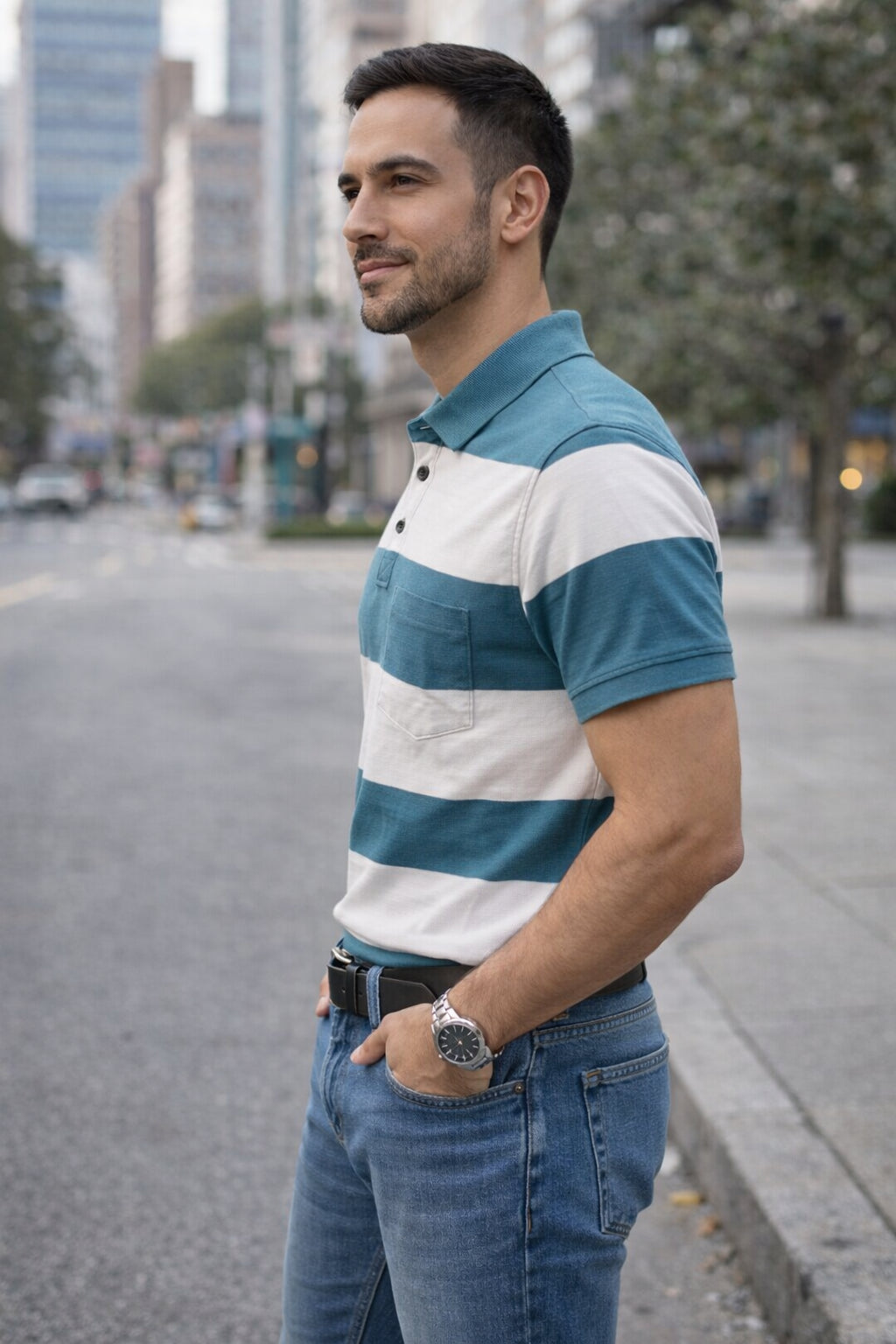 Men's Cotton Rich Striped Polo Tshirt | Button Down Collar Tshirts | Half Sleeves