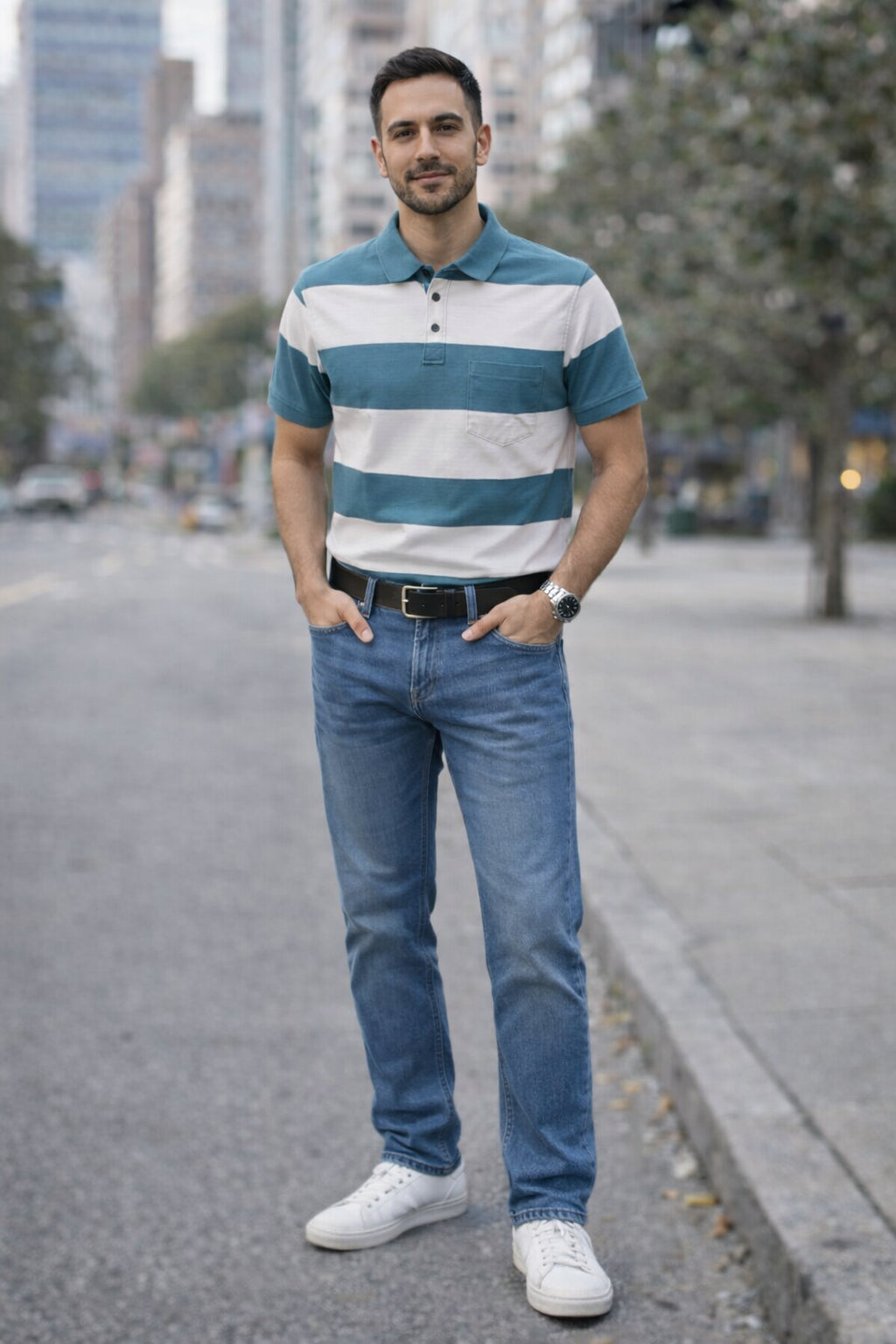 Men's Cotton Rich Striped Polo Tshirt | Button Down Collar Tshirts | Half Sleeves