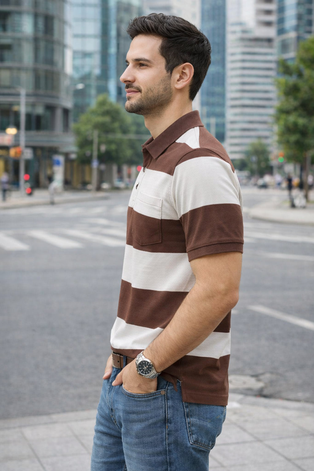 Men's Cotton Rich Striped Polo Tshirt | Button Down Collar Tshirts | Half Sleeves