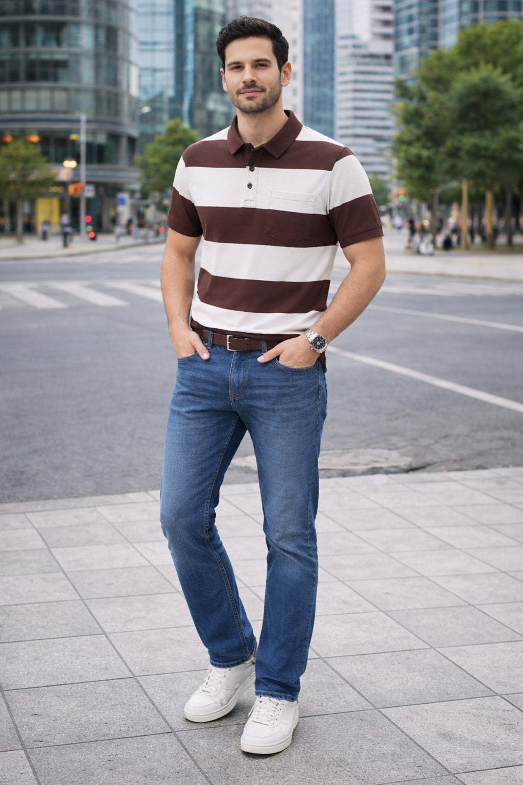 Men's Cotton Rich Striped Polo Tshirt | Button Down Collar Tshirts | Half Sleeves