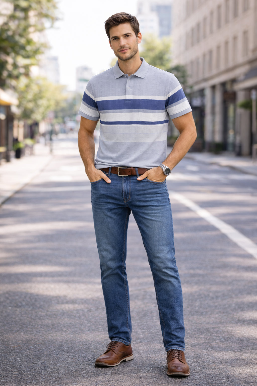 Men's Cotton Rich Striped Polo Tshirt | Button Down Collar Tshirts | Half Sleeves
