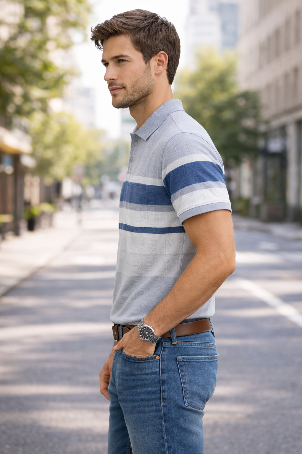Men's Cotton Rich Striped Polo Tshirt | Button Down Collar Tshirts | Half Sleeves