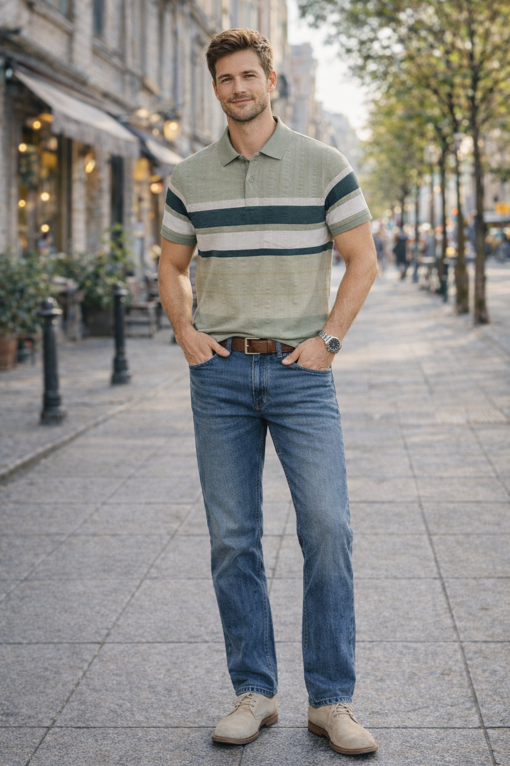 Men's Cotton Rich Striped Polo Tshirt | Button Down Collar Tshirts | Half Sleeves
