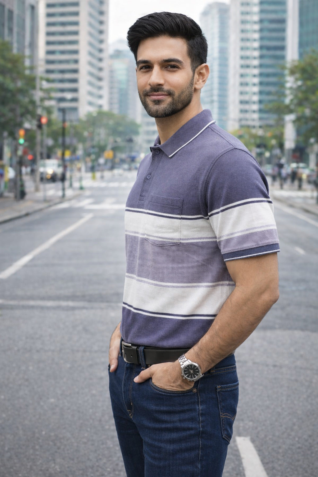 Men's Cotton Rich Striped Polo Tshirt | Button Down Collar Tshirts | Half Sleeves