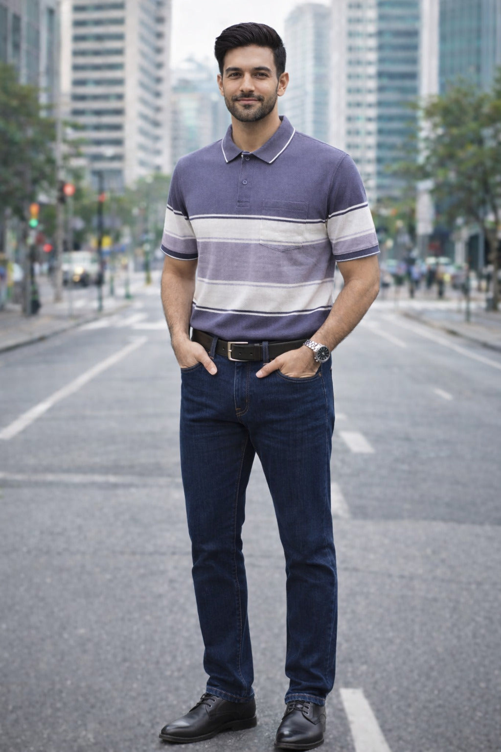 Men's Cotton Rich Striped Polo Tshirt | Button Down Collar Tshirts | Half Sleeves