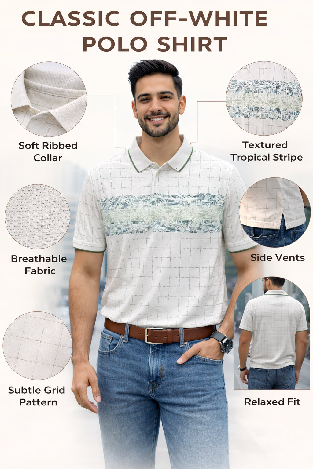 Men's Cotton Rich Striped Polo Tshirt | Button Down Collar Tshirts | Half Sleeves