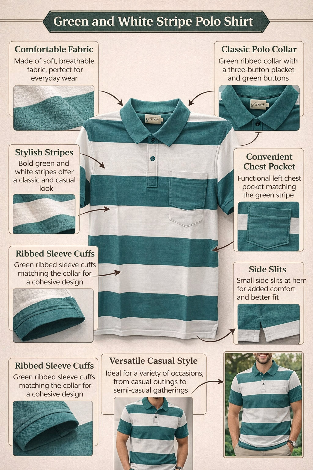 Men's Cotton Rich Striped Polo Tshirt | Button Down Collar Tshirts | Half Sleeves