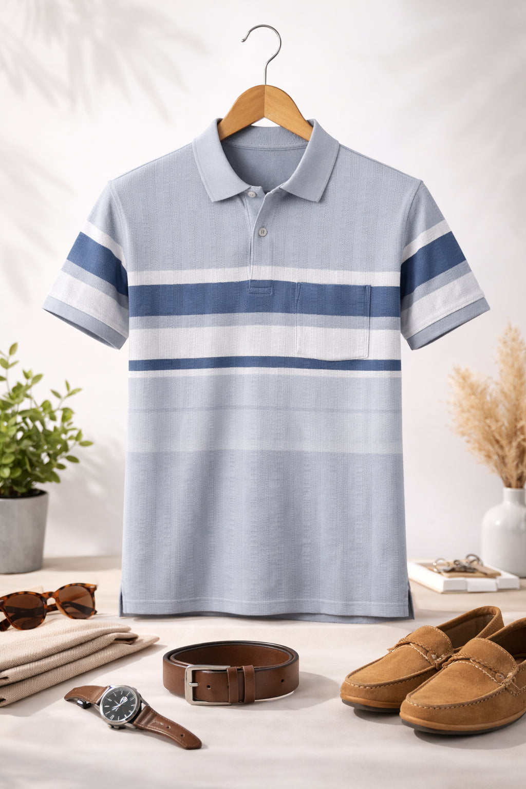 Men's Cotton Rich Striped Polo Tshirt | Button Down Collar Tshirts | Half Sleeves