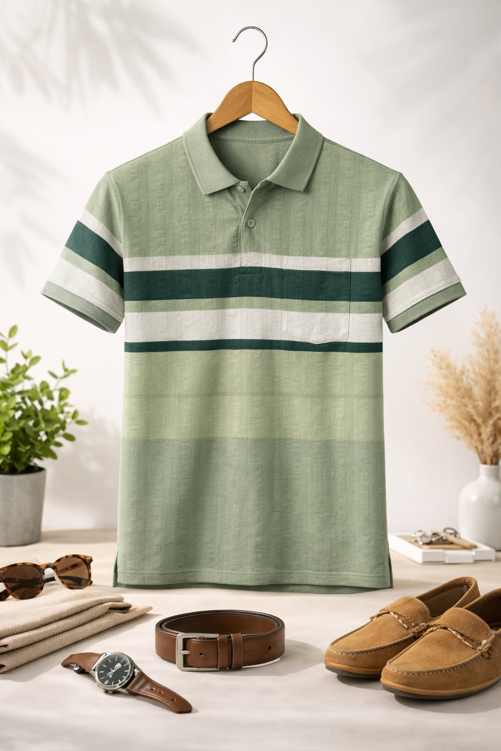 Men's Cotton Rich Striped Polo Tshirt | Button Down Collar Tshirts | Half Sleeves
