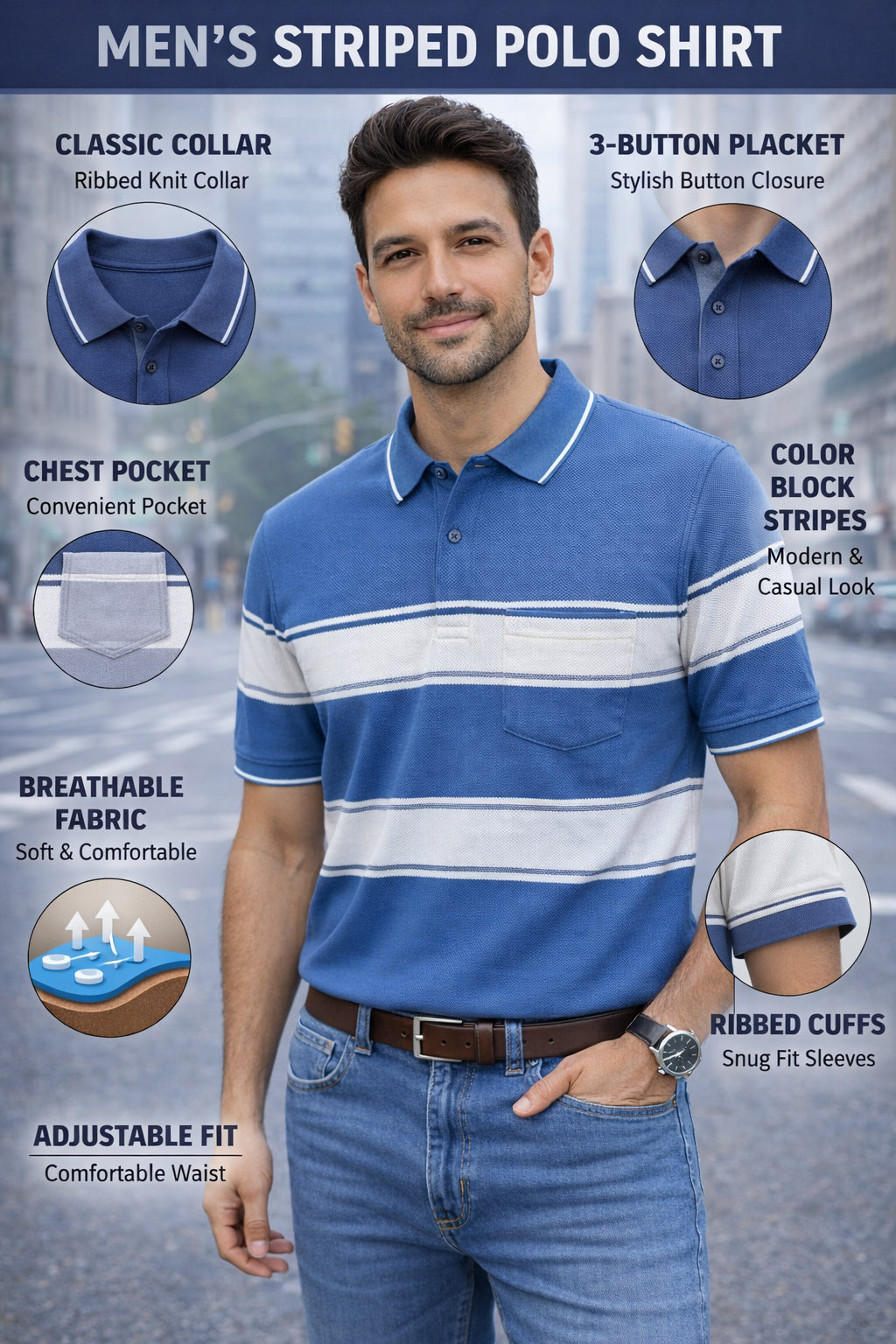 Men's Cotton Rich Striped Polo Tshirt | Button Down Collar Tshirts | Half Sleeves
