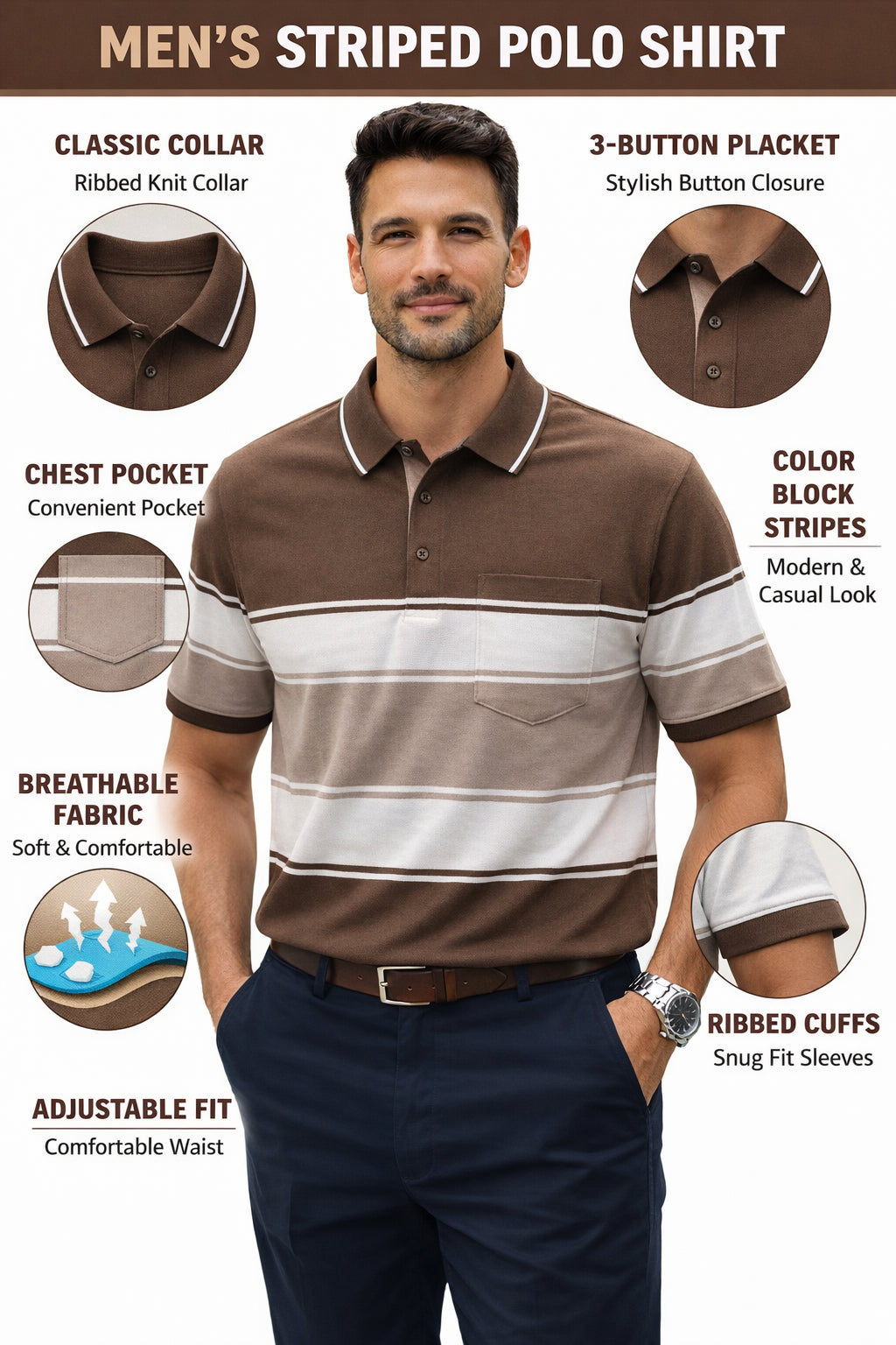 Men's Cotton Rich Striped Polo Tshirt | Button Down Collar Tshirts | Half Sleeves
