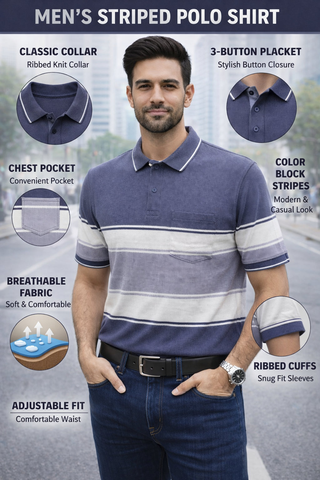 Men's Cotton Rich Striped Polo Tshirt | Button Down Collar Tshirts | Half Sleeves