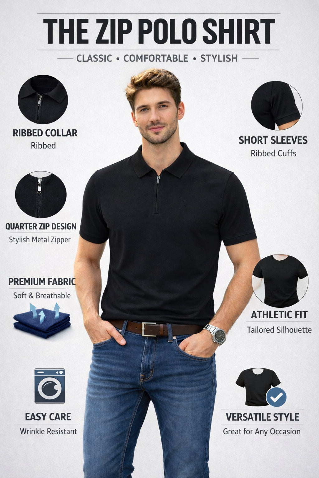 Men's Cotton Rich Striped Polo Tshirt | Button Down Collar Tshirts | Half Sleeves