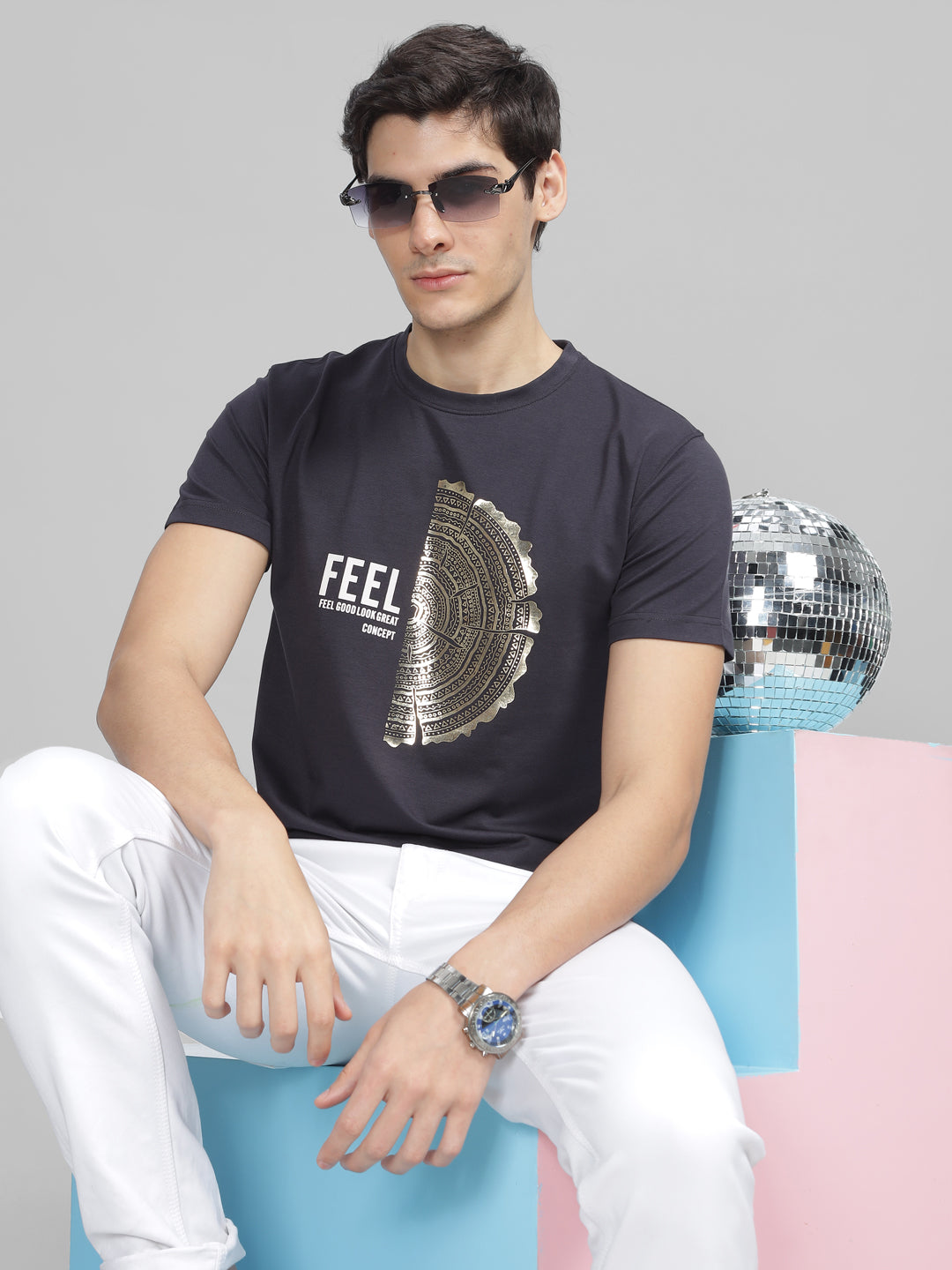 Men's Dark Grey Printed Round Neck T-Shirt