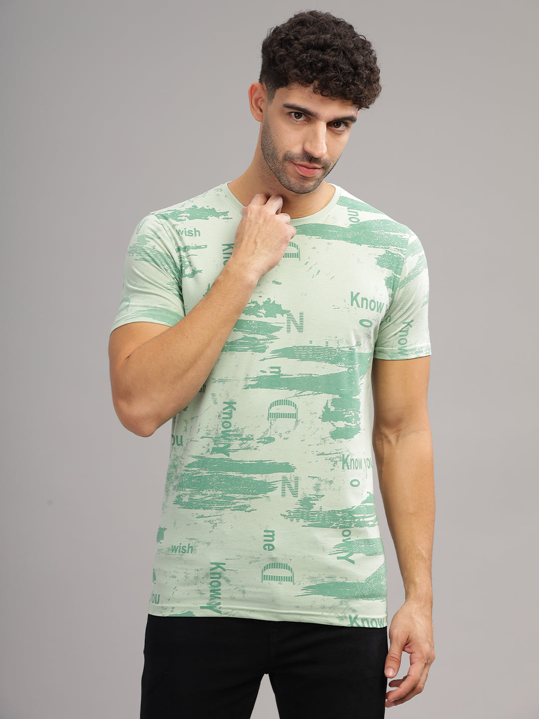 Men's Sea Green Printed Round Neck T-Shirt