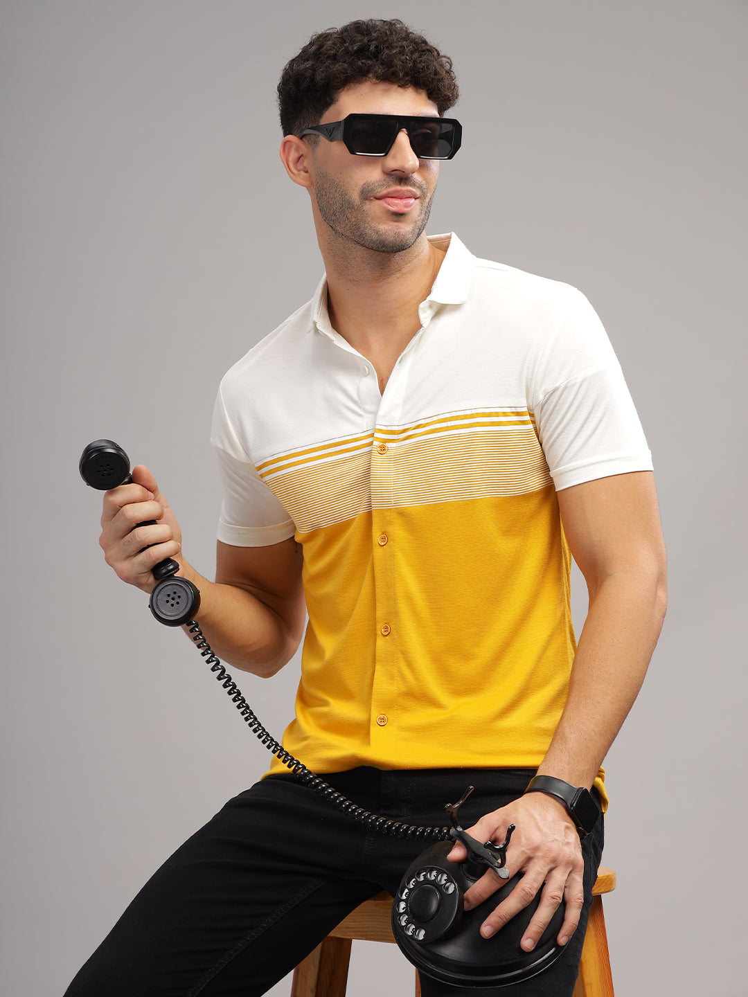 Men's Mustard Striped Shirt With Collar