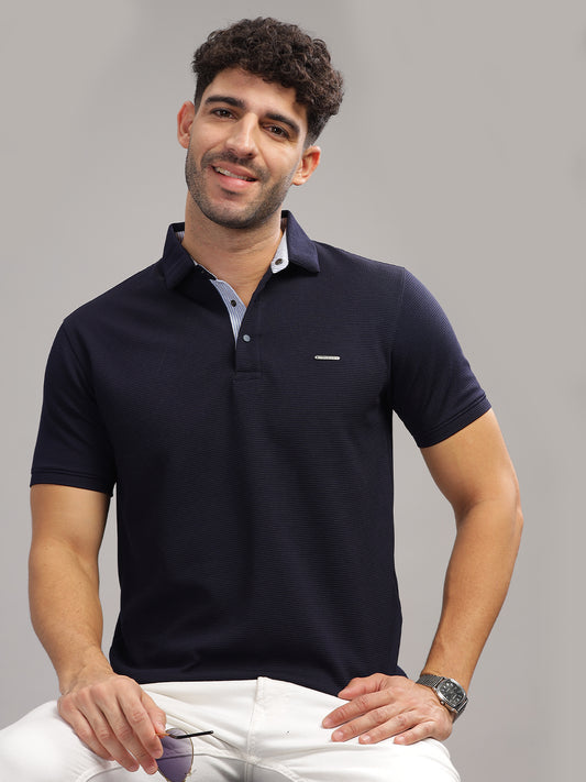 Men's Navy Self Design Polo Neck T-Shirt