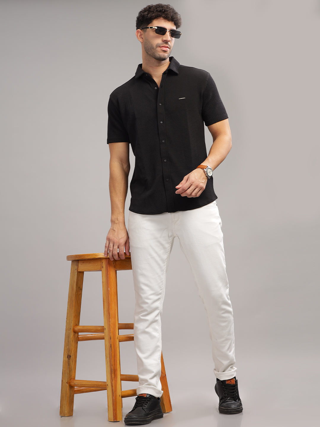 Men's Black Self Design Shirt With Collar