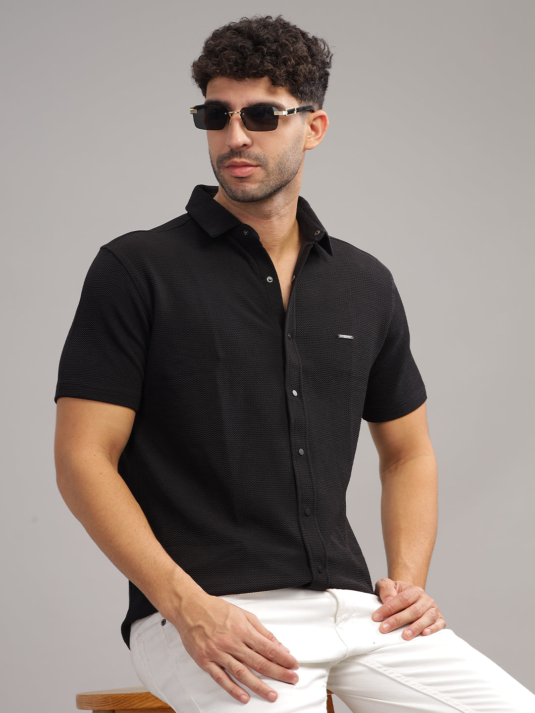 Men's Black Self Design Shirt With Collar