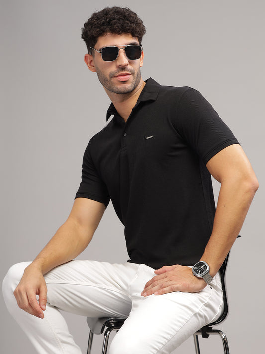 Men's Black Self Design Polo Neck T-Shirt