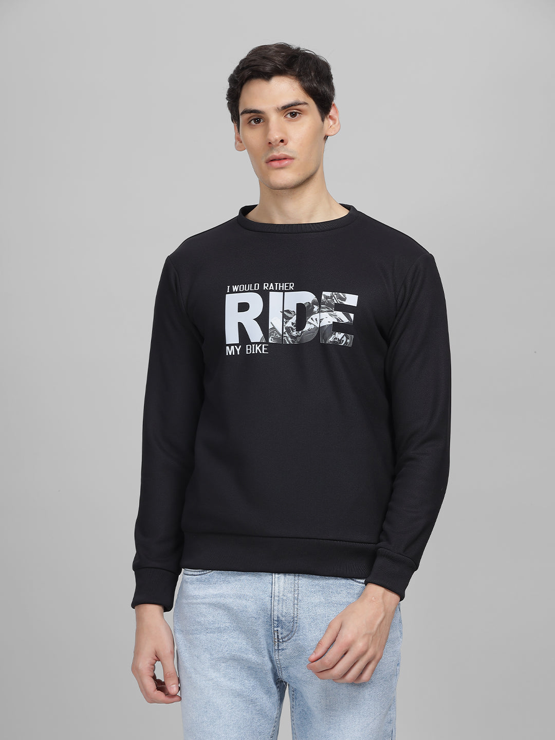 Men's Black Printed Round Neck Sweatshirt