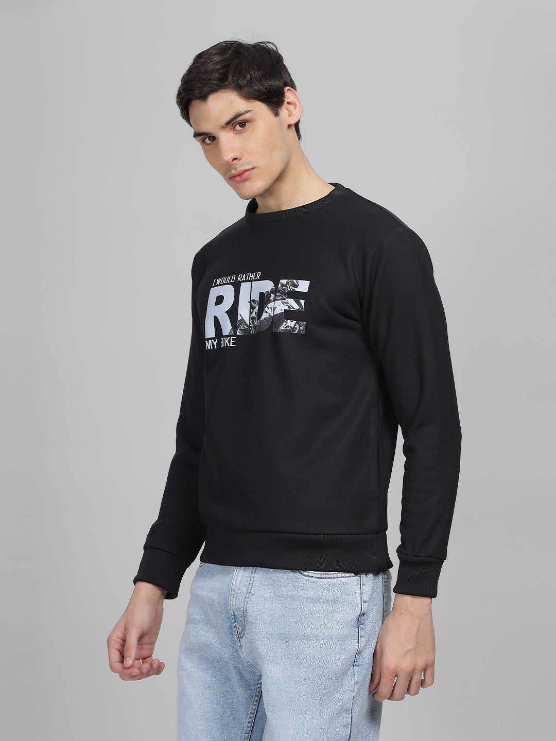 Men's Black Printed Round Neck Sweatshirt