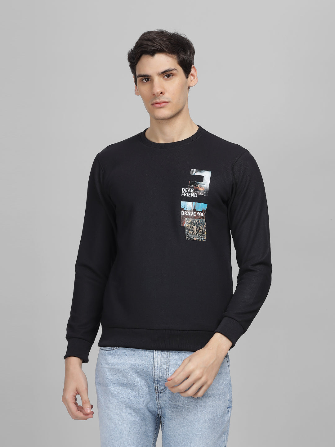 Men's Black Printed Round Neck Sweatshirt