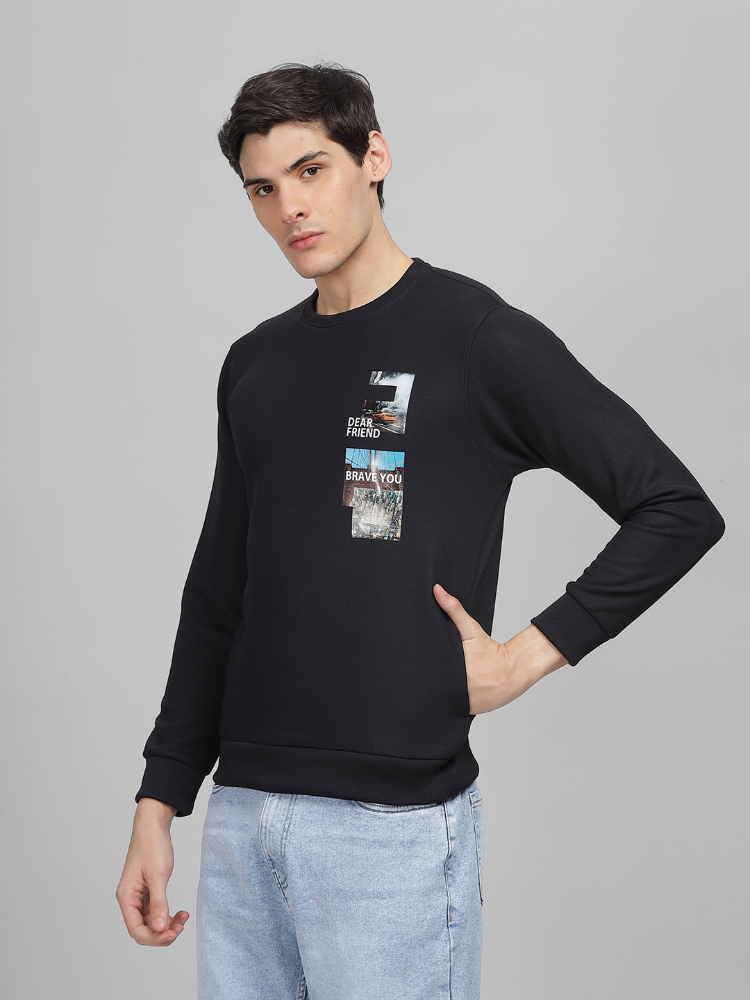 Men's Black Printed Round Neck Sweatshirt