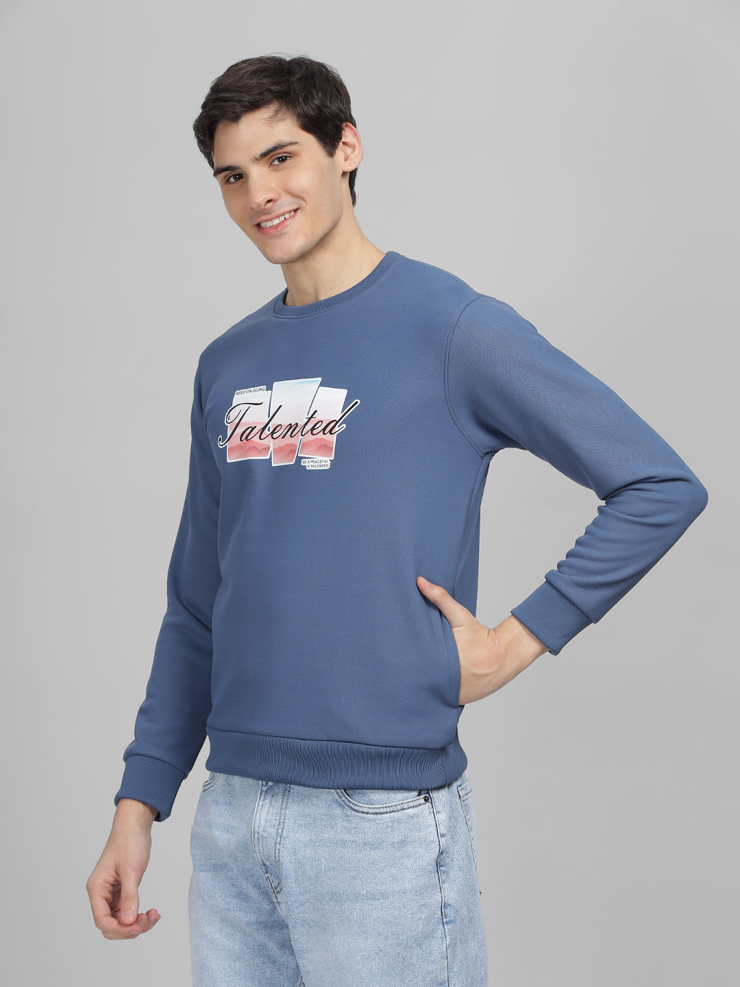 Men's Denim Blue Printed Round Neck Sweatshirt